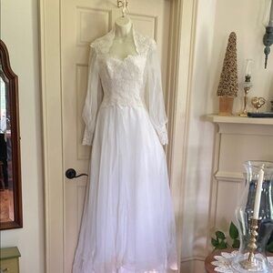 Vintage drop waist wedding dress with mesh sleeves